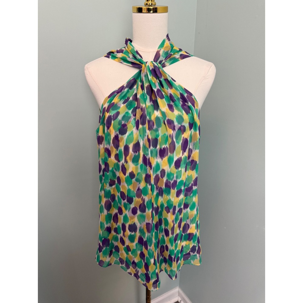 Etcetera 100% Silk Halter Neck Blouse Green Purple Abstract Print Size 14